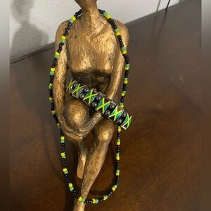 Authentic Jamaican (Black, Green and Gold) beaded necklace and bracelet set.